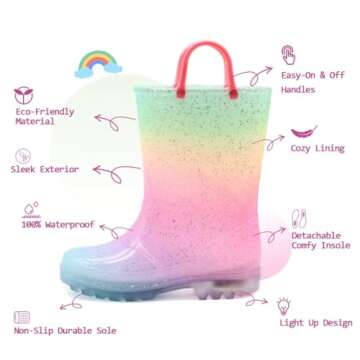 EUXTERPA Toddler-Kids Waterproof Light Up Rain Boots Patterns and Glitter Boots with Handles for Gir...