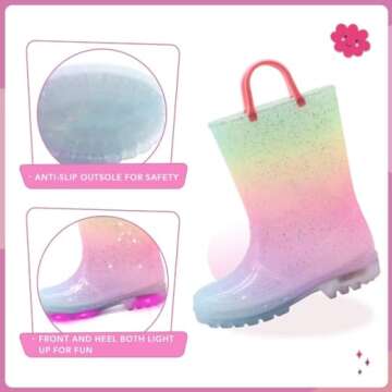 EUXTERPA Toddler-Kids Waterproof Light Up Rain Boots Patterns and Glitter Boots with Handles for Girls Toddler Size 9 Pink Gradient