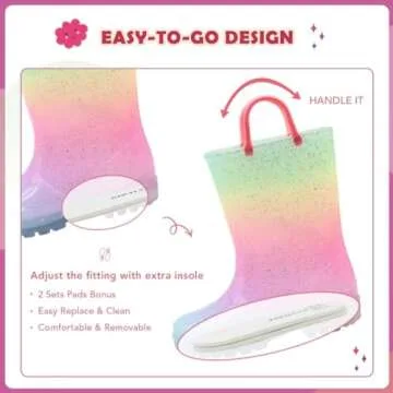 EUXTERPA Toddler-Kids Waterproof Light Up Rain Boots Patterns and Glitter Boots with Handles for Girls Toddler Size 9 Pink Gradient