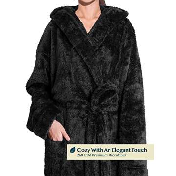 PAVILIA Women Hooded Plush Soft Robe | Fluffy Warm Fleece Sherpa Shaggy Bathrobe (L/XL, Black)