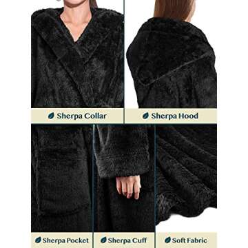 PAVILIA Women Hooded Plush Soft Robe | Fluffy Warm Fleece Sherpa Shaggy Bathrobe (L/XL, Black)