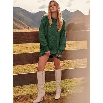 ANRABESS Women Long Sleeve Oversized Cable Knit Chunky Baggy Loose Pullover Tunic Mini Sweater Dress 2024 Trendy Fall Outfits Deep Green Small