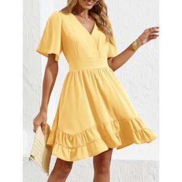 Esobo Women's Summer V-Neck Short Sleeve Flared Dresses Solid Color Casual Ruffle Hem Mini Swing Skater Dress