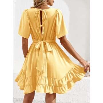 Esobo Women's Summer V-Neck Short Sleeve Flared Dresses Solid Color Casual Ruffle Hem Mini Swing Skater Dress