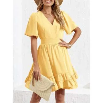 Esobo Women's Summer V-Neck Short Sleeve Flared Dresses Solid Color Casual Ruffle Hem Mini Swing Skater Dress