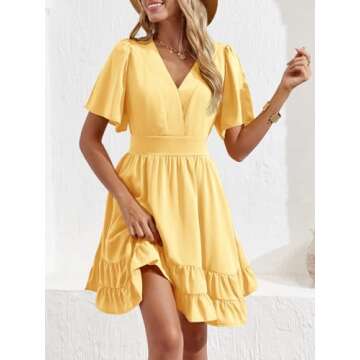 Esobo Women's Summer V-Neck Short Sleeve Flared Dresses Solid Color Casual Ruffle Hem Mini Swing Skater Dress