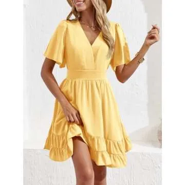 Esobo Women's Summer V-Neck Short Sleeve Flared Dresses Solid Color Casual Ruffle Hem Mini Swing Skater Dress
