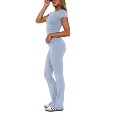REORIA Women's Summer Casual Outfits Pajama Sets Crew Neck Short Sleeve Crop Top Fold Over Flare Pants Y2K Soft 2 Piece matching Lounge Sets Light Blue Small