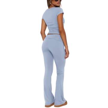 REORIA Women's Summer Casual Outfits Pajama Sets Crew Neck Short Sleeve Crop Top Fold Over Flare Pants Y2K Soft 2 Piece matching Lounge Sets Light Blue Small