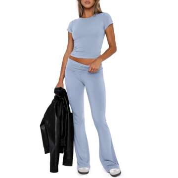 REORIA Women's Summer Casual Outfits Pajama Sets Crew Neck Short Sleeve Crop Top Fold Over Flare Pants Y2K Soft 2 Piece matching Lounge Sets Light Blue Small