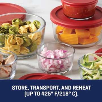 Anchor Hocking 12 Piece Glass Storage Containers with Lids (6 Glass Food Storage Containers & 6 Red SnugFit Lids)