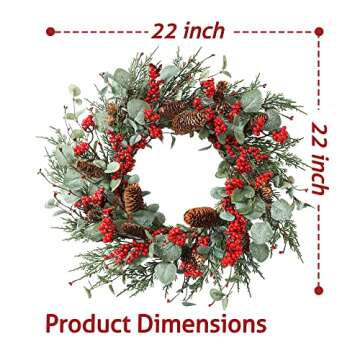 YNYLCHMX 22 Inch Christmas Wreath for Front Door, Door Christmas Wreath with Eucalyptus Leaves Red Berries Pinecones, Home Decor for Outdoor Indoor, Reef, Windows, Wall, Holiday Decoration
