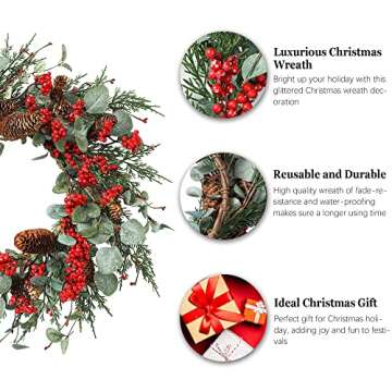YNYLCHMX 22 Inch Christmas Wreath for Front Door, Door Christmas Wreath with Eucalyptus Leaves Red Berries Pinecones, Home Decor for Outdoor Indoor, Reef, Windows, Wall, Holiday Decoration