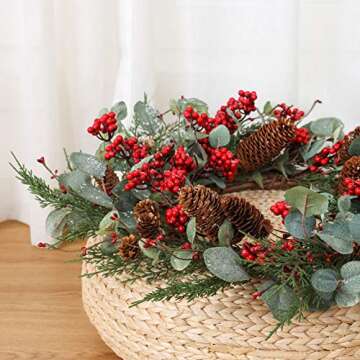YNYLCHMX 22 Inch Christmas Wreath for Front Door, Door Christmas Wreath with Eucalyptus Leaves Red Berries Pinecones, Home Decor for Outdoor Indoor, Reef, Windows, Wall, Holiday Decoration