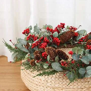YNYLCHMX 22 Inch Christmas Wreath for Front Door, Door Christmas Wreath with Eucalyptus Leaves Red Berries Pinecones, Home Decor for Outdoor Indoor, Reef, Windows, Wall, Holiday Decoration