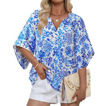 Bebonnie Women's 3/4 Sleeve V Neck Bohemian Peasant Blouse - Celadon Blue