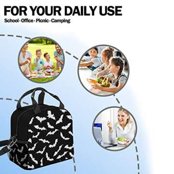 Jwzrene Bats Lunch Box for Boys, 10L x 6.5W x 8.9H, Polyester Material, with Pocket and Shoulder Strap, Suitable for Work, Picnic, Camping