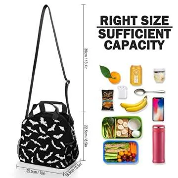 Jwzrene Bats Lunch Box for Boys, 10L x 6.5W x 8.9H, Polyester Material, with Pocket and Shoulder Strap, Suitable for Work, Picnic, Camping