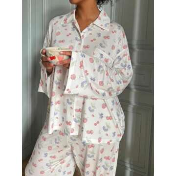 FHNUVB Women 2 Piece Floral Pajama Set Button Down Long Sleeve Wide Leg Fruit Set Cute Pjs Y2K Loungewear Sleepwear S-XL