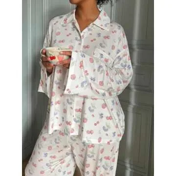 FHNUVB Women 2 Piece Floral Pajama Set Button Down Long Sleeve Wide Leg Fruit Set Cute Pjs Y2K Loungewear Sleepwear S-XL