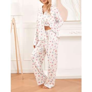 FHNUVB Women 2 Piece Floral Pajama Set Button Down Long Sleeve Wide Leg Fruit Set Cute Pjs Y2K Loungewear Sleepwear S-XL