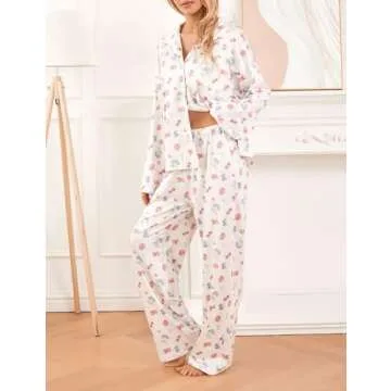 FHNUVB Women 2 Piece Floral Pajama Set Button Down Long Sleeve Wide Leg Fruit Set Cute Pjs Y2K Loungewear Sleepwear S-XL