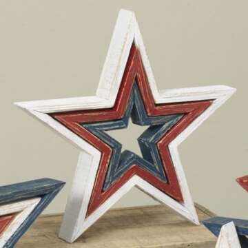 One Holiday Way Set of 3 Nesting Patriotic Americana Star Wood Figurines - Red, White & Blue 4th of ...