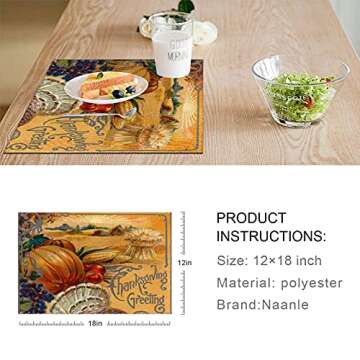 Naanle Holiday Thanksgiving Placemat Set of 6, Pumpkin Heat-Resistant Washable Table Place Mats for ...