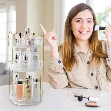 Aveniee Rotating Makeup Organizer for Vanity, Large Perfume Skincare Make Up Storage Organizers for Bathroom Counter, Clear Spinning Cosmetic Lipstick Toiletry Holder (3 Tiers, White)