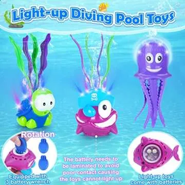 Oisacirg Pool Diving Toys, Light-up Animals 60Pcs Swimming Pool Toys for Kids Pool Treasure Chest Set with Dive Gems, Diamonds, Shark, Turtle, Octopus, Pirate Water Toys for Adults Kids 6 7 8 9+