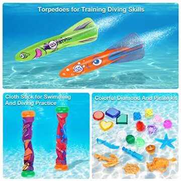 Oisacirg Pool Diving Toys, Light-up Animals 60Pcs Swimming Pool Toys for Kids Pool Treasure Chest Set with Dive Gems, Diamonds, Shark, Turtle, Octopus, Pirate Water Toys for Adults Kids 6 7 8 9+