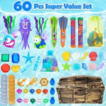 Oisacirg Pool Diving Toys, Light-up Animals 60Pcs Swimming Pool Toys for Kids Pool Treasure Chest Set with Dive Gems, Diamonds, Shark, Turtle, Octopus, Pirate Water Toys for Adults Kids 6 7 8 9+