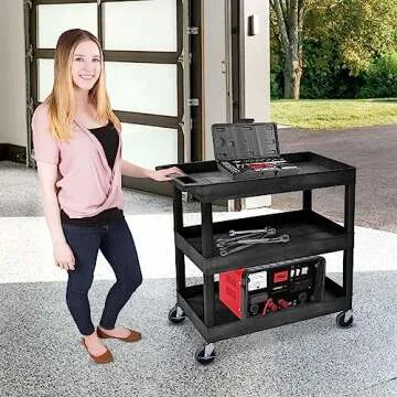 LUXOR EC111-B Heavy Duty Plastic Utility Cart, 32" x 18" Rolling Tub Cart with Three Shelves, 300 lbs. Capacity, Ergonomic Push Handle, Black