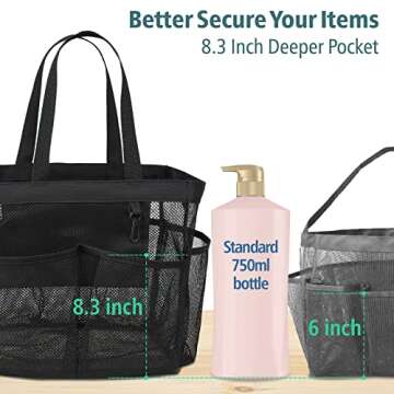F-color Mesh Shower Caddy Portable, 8.3" Deeper Pockets Large Shower Caddy Bathroom Caddy for College Dorm Room Bathroom Essentials, 2 Handles Shower Bag Tote for Gym Rv, Camp with S Hook, Black