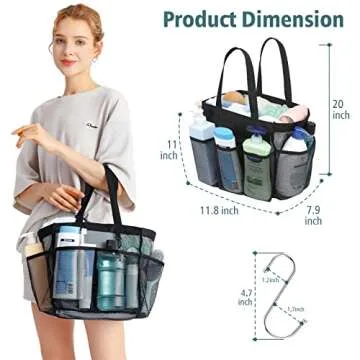 F-color Mesh Shower Caddy Portable, 8.3" Deeper Pockets Large Shower Caddy Bathroom Caddy for College Dorm Room Bathroom Essentials, 2 Handles Shower Bag Tote for Gym Rv, Camp with S Hook, Black