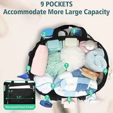 F-color Mesh Shower Caddy Portable, 8.3" Deeper Pockets Large Shower Caddy Bathroom Caddy for College Dorm Room Bathroom Essentials, 2 Handles Shower Bag Tote for Gym Rv, Camp with S Hook, Black