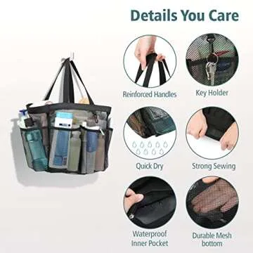 F-color Mesh Shower Caddy Portable, 8.3" Deeper Pockets Large Shower Caddy Bathroom Caddy for College Dorm Room Bathroom Essentials, 2 Handles Shower Bag Tote for Gym Rv, Camp with S Hook, Black