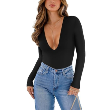 REORIA Women's Sexy Deep V Neck Long Sleeve Bodysuit for Comfort and Style