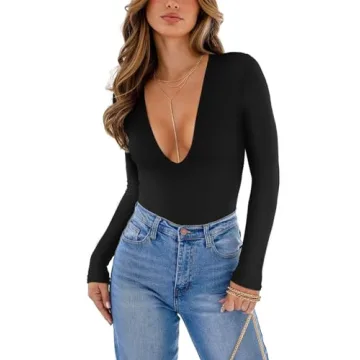 REORIA Women's Sexy Deep V Neck Long Sleeve Bodysuit for Comfort and Style