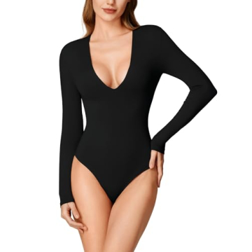 REORIA Deep V Neck Long Sleeve Bodysuit for Women