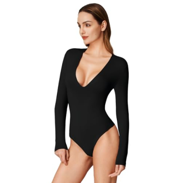 REORIA Deep V Neck Long Sleeve Bodysuit for Women