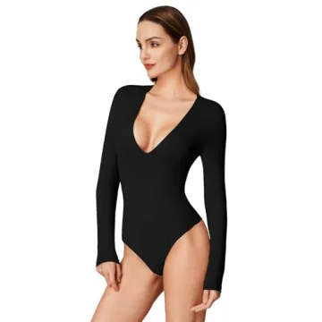 REORIA Deep V Neck Long Sleeve Bodysuit for Women