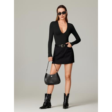 REORIA Deep V Neck Long Sleeve Bodysuit for Women