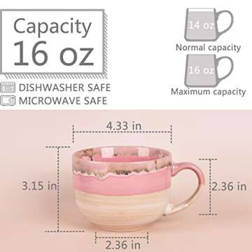 Bosmarlin Large Ceramic Coffee Mug Set of 2, Stoneware Jumbo Latte Mugs Tea for Office and Home, 16 Oz, Dishwasher and Microwave Safe(Pink, 2)