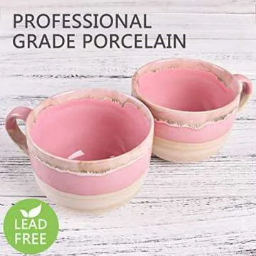 Bosmarlin Large Ceramic Coffee Mug Set of 2, Stoneware Jumbo Latte Mugs Tea for Office and Home, 16 Oz, Dishwasher and Microwave Safe(Pink, 2)
