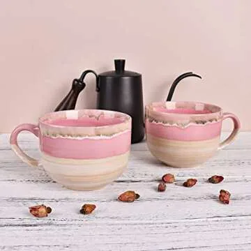 Bosmarlin Large Ceramic Coffee Mug Set of 2, Stoneware Jumbo Latte Mugs Tea for Office and Home, 16 Oz, Dishwasher and Microwave Safe(Pink, 2)