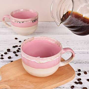 Bosmarlin Large Ceramic Coffee Mug Set of 2, Stoneware Jumbo Latte Mugs Tea for Office and Home, 16 Oz, Dishwasher and Microwave Safe(Pink, 2)