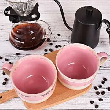 Bosmarlin Large Ceramic Coffee Mug Set of 2, Stoneware Jumbo Latte Mugs Tea for Office and Home, 16 Oz, Dishwasher and Microwave Safe(Pink, 2)