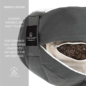 Body Quiet Meditation Cushion with Acupressure for Stress Relief | Large 13" x 6" Buckwheat Meditation Pillow Floor Pillow| Zafu Yoga Pillow with Easy-Handle | Includes 7-Step Meditation Guide (Gray)