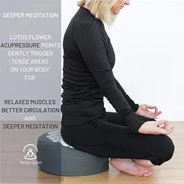 Body Quiet Meditation Cushion with Acupressure for Stress Relief | Large 13" x 6" Buckwheat Meditation Pillow Floor Pillow| Zafu Yoga Pillow with Easy-Handle | Includes 7-Step Meditation Guide (Gray)